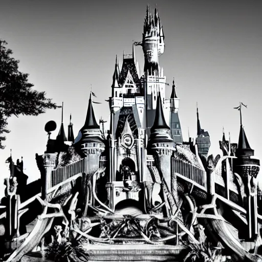 Image similar to the Disney castle made of skulls and bones, nightmare, black and white