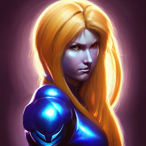 Image similar to head and shoulders portrait of Zero suit Samus as League of Legends character, digital illustration portrait, dark fantasy, medium shot, intricate, elegant, highly detailed, digital painting, volumetric light, artstation, concept art, smooth, sharp focus, illustration, armor by Donato Giancola, face by Gil Elvgren, paintstrokes by Greg Manchess, background by Alphonse Mucha