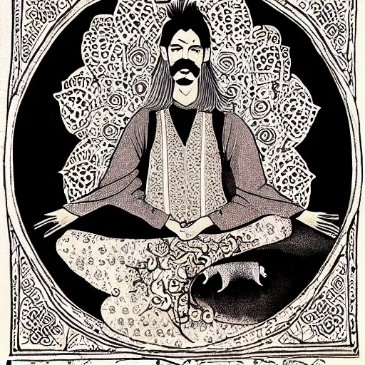 Prompt: vaquero sitting lotus position, persian folktale artstyle