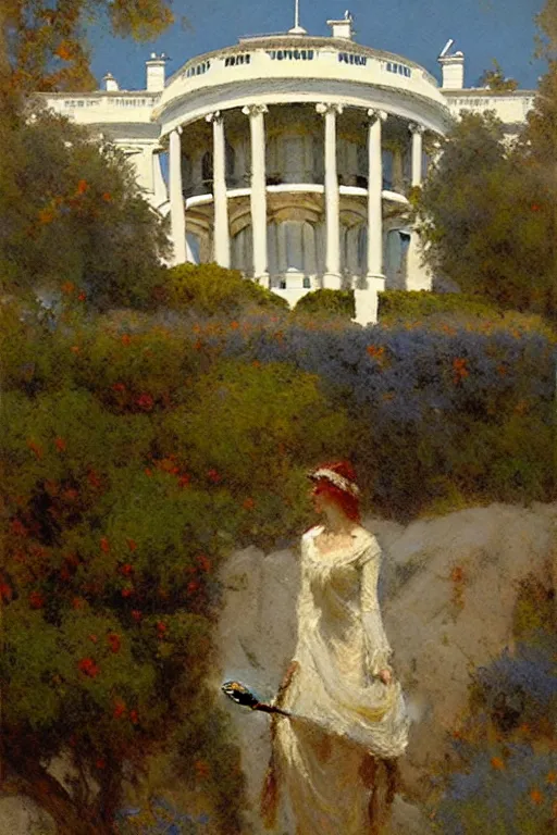 Prompt: White house, painting by Gaston Bussiere, Craig Mullins