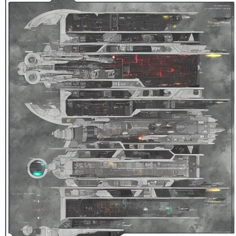 Image similar to full - color sci - fi floor plan of the uss enterprise d, d & d, pathfinder, by jeff todd and greg rutkowski, trending on artstation, pinterest