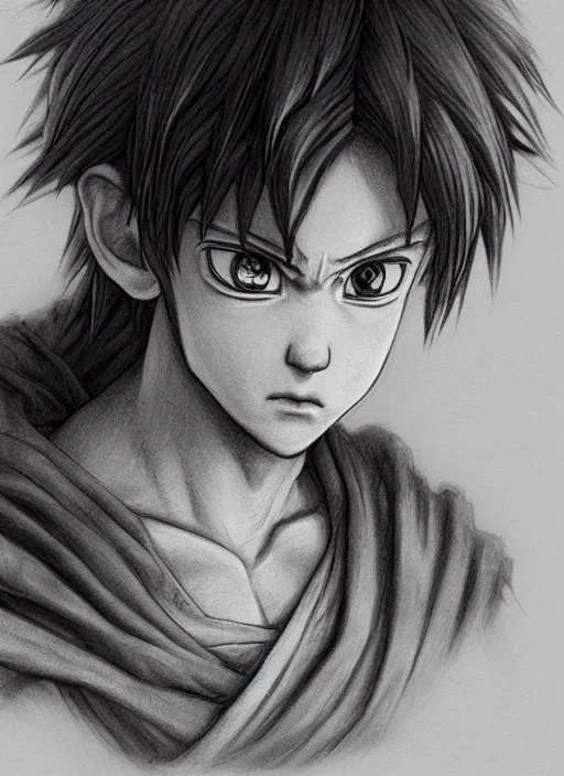 Image similar to realistic portrait pencil sketch of kid goku, old mystic ruins, afternoon, intricate, elegant, highly detailed, digital painting, sharp, focus, by artgerm and greg rutkowski