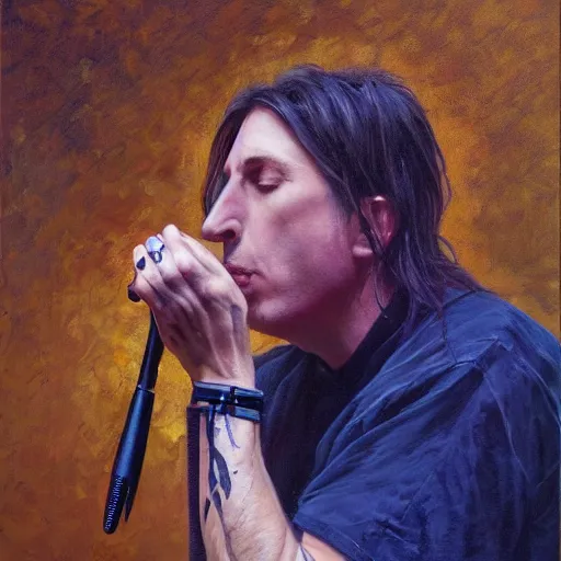 Prompt: stunning serene portrait of Maynard James Keenan singing into a hairbrush, by Mark Arian, oil on canvas, masterpiece, realism, piercing gaze, mercurial bokeh