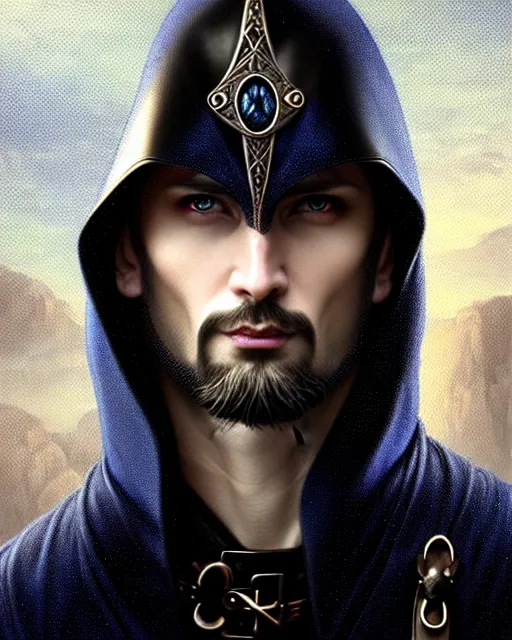 Image similar to ultrarealistic male mage face portrait fighting, long black hair blue eyes wearing leather mantle gothic navy cloak with leather details, cliffside town, fantasy character portrait, realistic render, extreme intricate details, elegant, cinematic lighting, highly detailed, artstation, dnd art, cgsociety, sharp focus, beautiful digital painting by artgerm, gerald brom, wlop, alphonse mucha