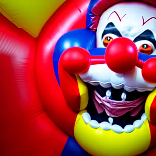 Image similar to photo of chased by a creepy clown in infinite corridors made of bouncy castle,