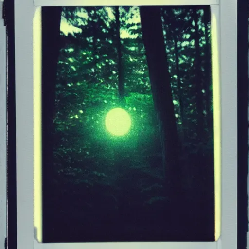 Image similar to a ufo with glowing lights flying over a forest at night, old polaroid, expired film,