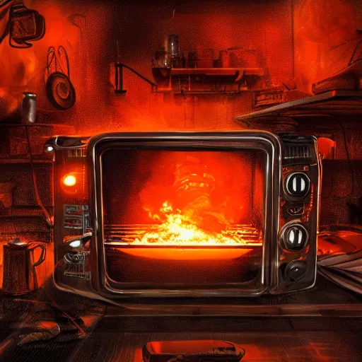 Image similar to cyborg toaster oven repairman, dark messy smoke - filled cluttered workshop, dark, dramatic lighting, orange tint, sparks, cinematic, highly detailed, sci - fi, futuristic, movie still