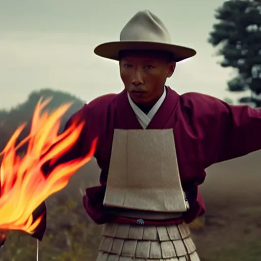 Image similar to cinematic film still Pharrell Williams starring as a Samurai holding fire, Japanese CGI, VFX, 2003, 40mm lens, shallow depth of field,film photography