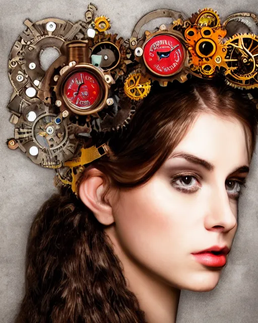 Image similar to portrait of a beautiful young cyborg woman with a big steampunk flower crown and part mechanical face , Metropolis, in the style of Mario Testino