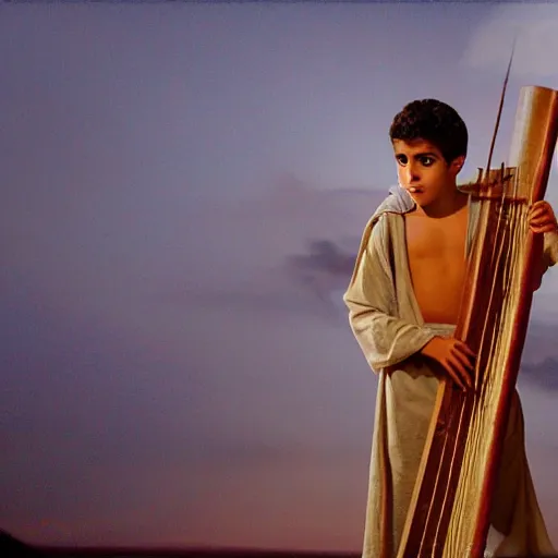 Image similar to handsome 17 year old middle-eastern skinned boy in a Biblical outfit playing an ancient harp, lyre. Tranquil, cinematic lighting, directed by Steven Spielberg