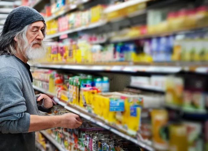 Image similar to photo of Gandalf stacking supermarket shelves, depressing, sad, 85mm f1.8