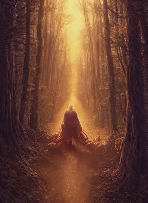 Prompt: golden forest at background, creative!!! composition for a book cover, absurdly beautiful, ultrafine hyperrealistic detailed old witch face by wlop and artgerm and greg rutkowski, intricate linework, sharp focus, smooth, octopath traveler, final fantasy, unreal engine, dramatic lighting, ethereal, 8 k