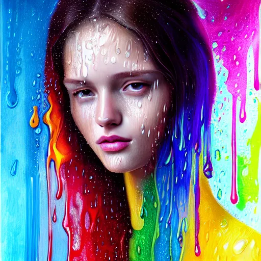 Image similar to portrait of girl in uniquely colored rain with wet hair and face, liquid drops, revelation, epiphany, bliss, fantasy, intricate, elegant, dramatic lighting, highly detailed, lifelike, photorealistic, digital painting, artstation, concept art, smooth, sharp focus, illustration, art by John Collier and Albert Aublet and Krenz Cushart and Artem Demura and Alphonse Mucha