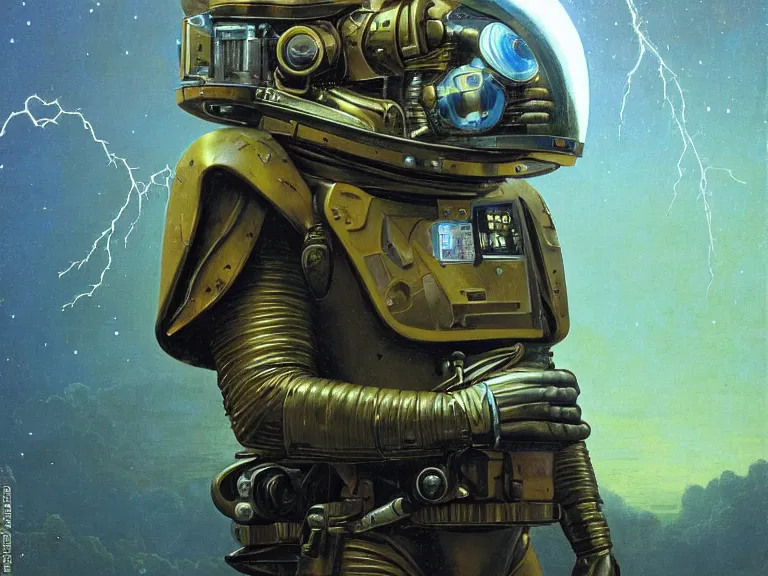 Image similar to a detailed profile oil painting of a lone shock trooper in a spacesuit with reflective helmet, technology flight suit, bounty hunter portrait symmetrical and science fiction theme with lightning, aurora lighting clouds and stars by beksinski carl spitzweg and tuomas korpi. baroque elements, full-length view. baroque element. intricate artwork by caravaggio. Trending on artstation. 8k