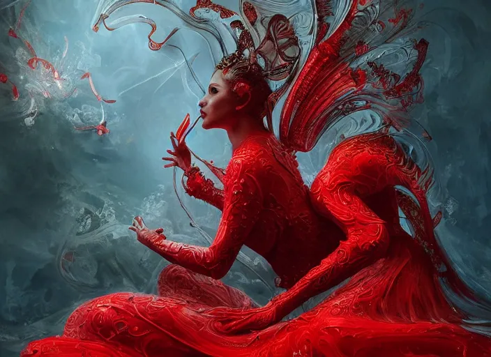 Image similar to woman in love sit upon a scarlet coloured beast, pain, royal dress, light effect, hyper detailed, intricate, atmospheric, elegant, highly detailed, digital painting, artstation, concept art, matte, sharp focus, illustration, by james jean, andrei riabovitchev, marc simonetti, yoshitaka amano