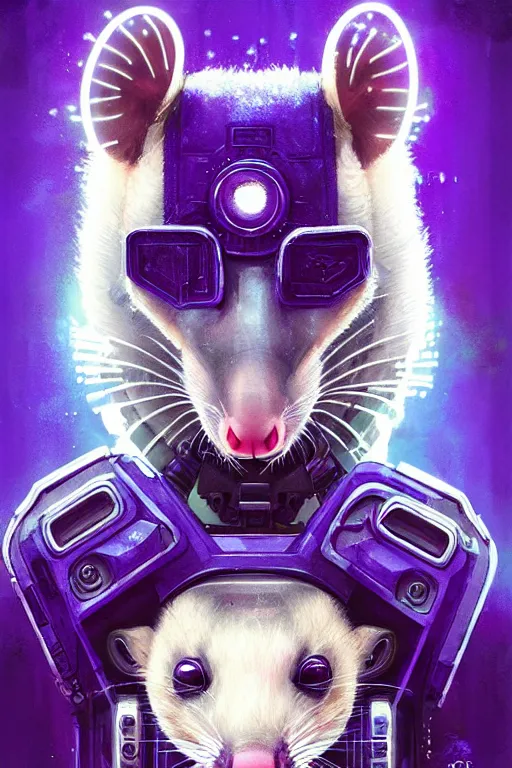 Image similar to a beautiful portrait of a cute cyberpunk opossum by sandra chevrier and greg rutkowski and wlop, purple blue color scheme, high key lighting, volumetric light, digital art, highly detailed, fine detail, intricate, ornate, complex, octane render, unreal engine, photorealistic