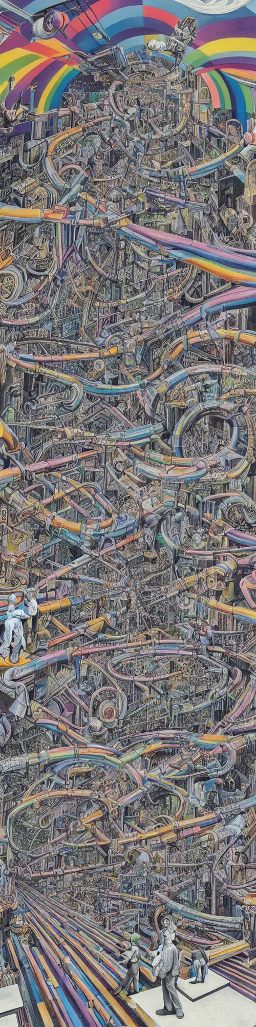 Prompt: epic mural of technological change through history bymarcus akinlana, basil wolverton, mc escher, dali, picasso, hr giger, wheres waldo, vibrant but muted colors, rainbow tubing, cybernetic river of transformation