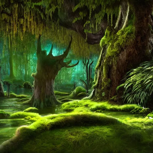 Image similar to [ [ mossy swamp ] ] : : [ disney animation ] : : fantasy, epic : : realistic lighting, shading, shadows : : glowing green : : [ [ biopunk art ] ] : : 8 k