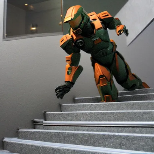 Prompt: master chief falling down a flight of stairs