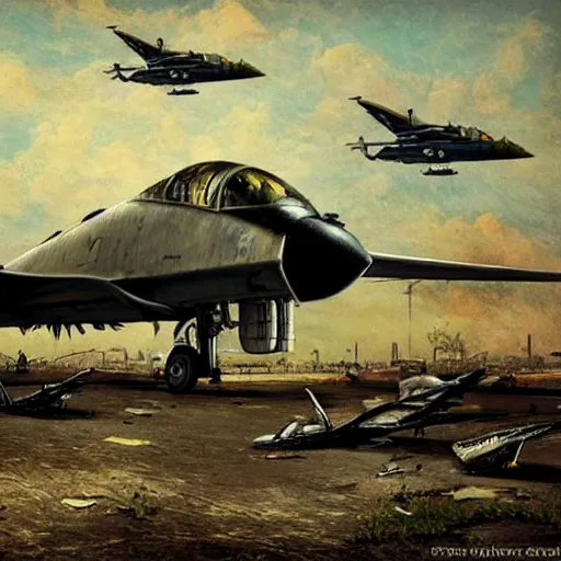 Image similar to broken and abandoned Military Jets on a tarmac, gothic art, color, highly detailed