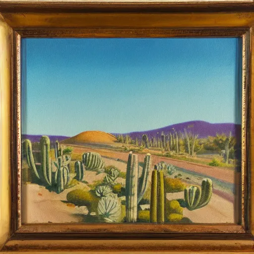 Image similar to a conrad buff oil painting of a small hill covered in cactus with a circular 1 0 lane highway at it's base full of evening traffic