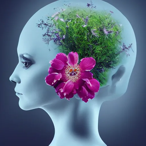Prompt: cute flowers growing out of a human head side on made out of glass, 8 k detailed photograph, unreal engine, trending on artstation, emotional surrealist art, very very beautiful