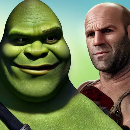 Image similar to shrek fighting jason statham