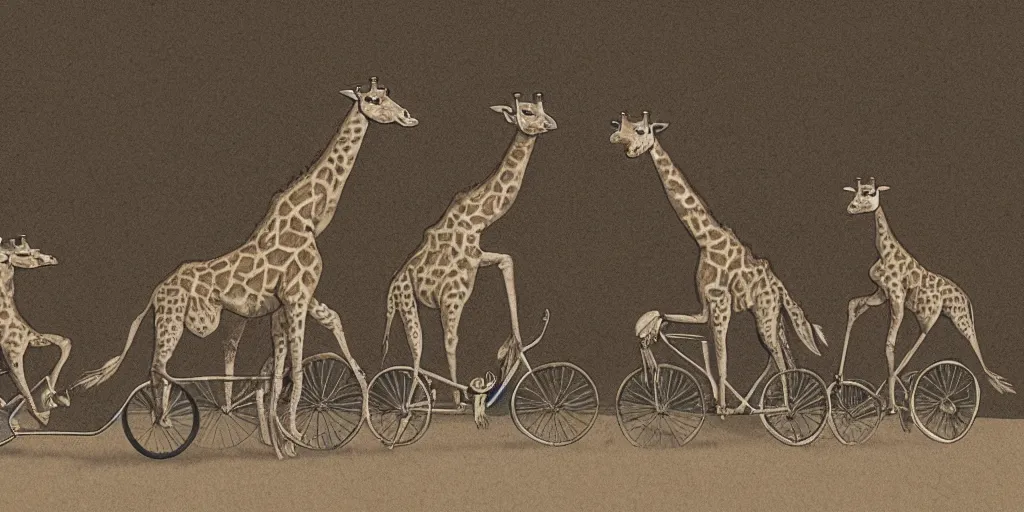 Image similar to giraffe pig hybrids riding bicycles, sepia toned illustration