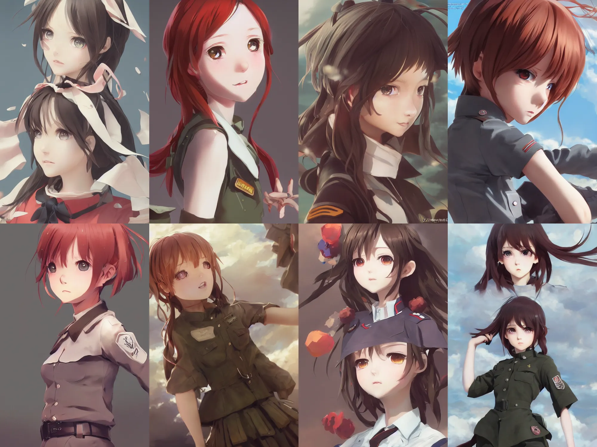Prompt: Very complicated dynamic composition, realistic anime style at Pixiv CGSociety by WLOP, ilya kuvshinov, krenz cushart, Greg Rutkowski, trending on artstation. Zbrush sculpt colored, Octane render in Maya and Houdini VFX, young redhead girl in motion, cute, innocent, she expressing joy, wearing military uniform, silky hair, stunning deep eyes. In cityscape. Very expressive and inspirational. Amazing textured brush strokes. Cinematic dramatic atmosphere, soft volumetric studio lighting.