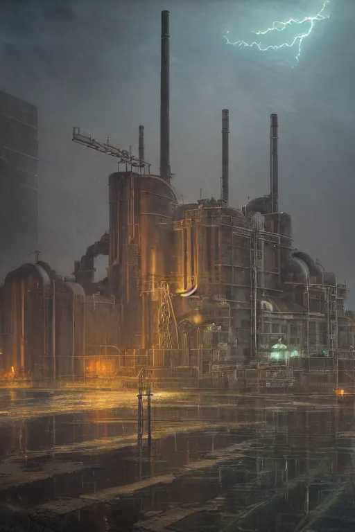 Prompt: a highly detailed matte painting of a soviet steampunk nuclear power station in lightning storm and heavy rain by studio ghibli, makoto shinkai, by artgerm, by wlop, by greg rutkowski, volumetric lighting, octane render, 4 k resolution, trending on artstation, masterpiece