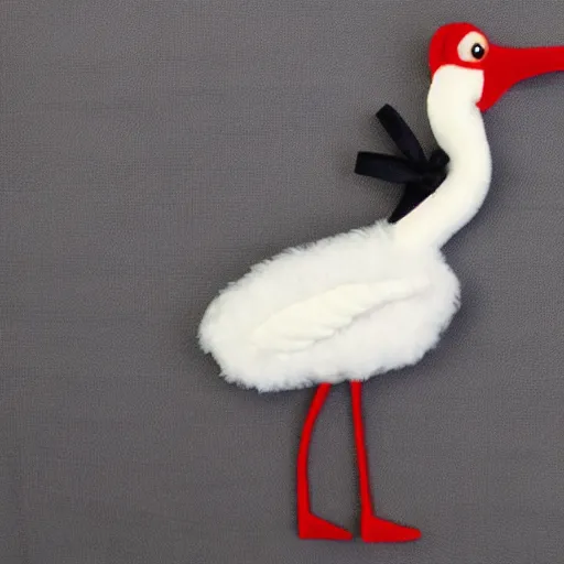 Image similar to plush of a stork wearing a black elegant suit