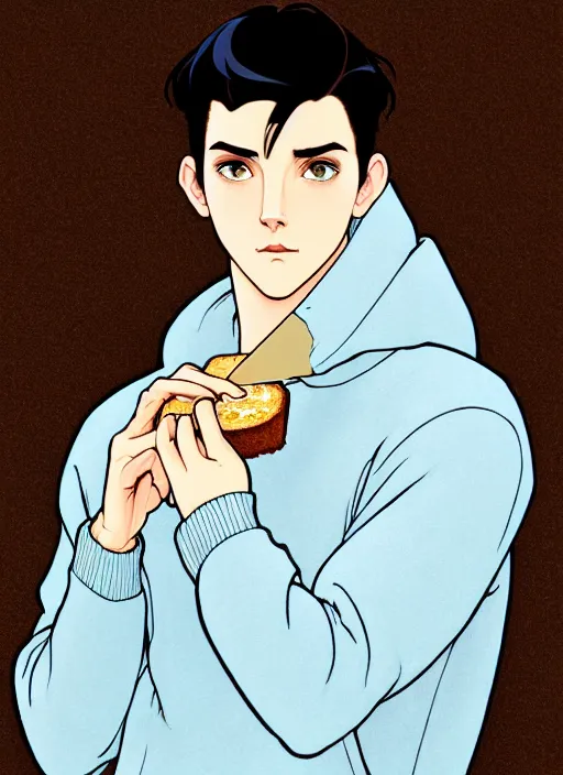 Image similar to well - lit art nouveau portrait of a young man with short black hair, very light blue eyes, pale skin, serious expression, jeans, black hoodie, eating a slice of plain wholegrain bread, natural lighting, path traced, highly detailed, high quality, cartoon, digital painting, by don bluth and ross tran and studio ghibli and alphonse mucha