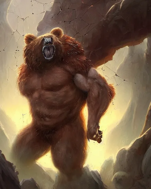 Prompt: muscular werebear barbarian bursting out of a spider web cocoon, Jordan Grimmer, Noah Bradley