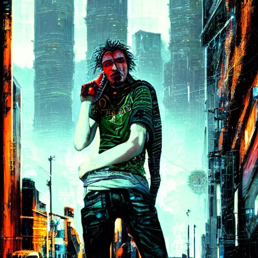 Image similar to cyberpunk, closeup portrait of a shaggy cyberpunk junkie in his 2 0 s, eye bags, three day stubble, ex junkie, dramatic light, city background, sunset, dystopian setting, high contrast, sharp, neuromancer, henry dorsett case, painted by stanley lau, painted by greg rutkowski, painted by stanley artgerm, digital art, trending on artstation