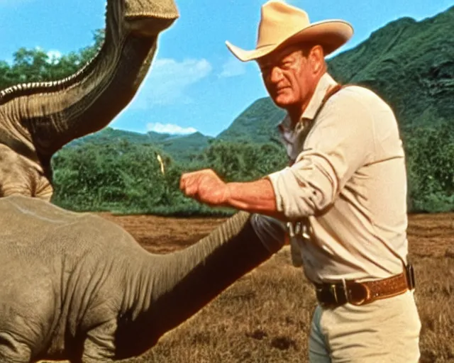 Prompt: john wayne as alan grant in jurassic park, petting brachiosaurus (1993), movie still