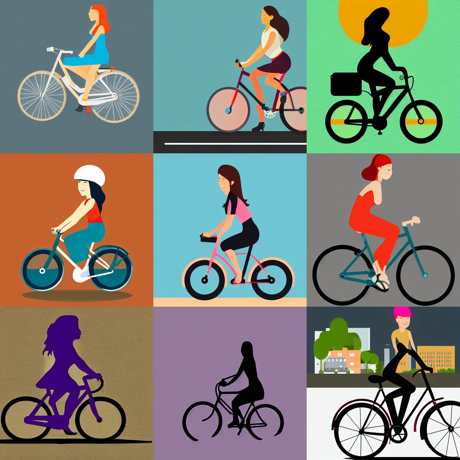 Prompt: woman riding bicycle, digital art, corporate memphis, flat design, minimal