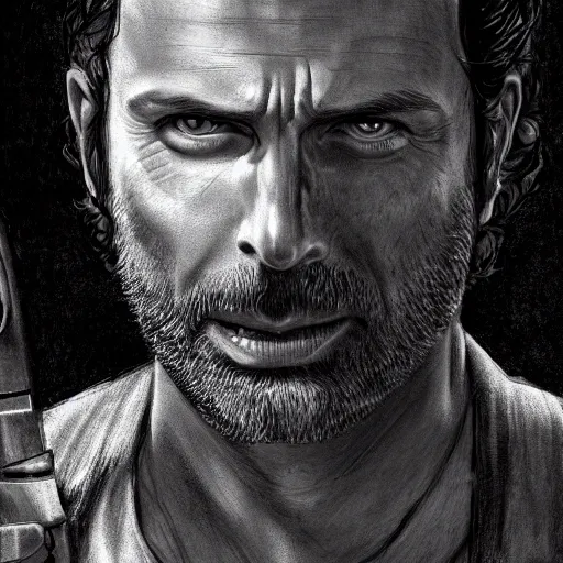 Image similar to rick grimes line art, the walking dead, medium shot, fantasy, medieval, vivid colors, elegant, concept art, sharp focus, digital art, Hyper-realistic, 4K, Unreal Engine, Highly Detailed, HD, Dramatic Lighting by Brom, trending on Artstation