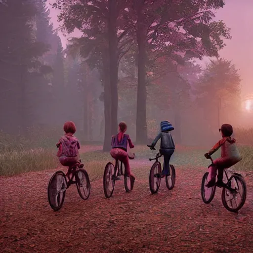 Prompt: stranger things kids riding into woods, adam adamowicz illustration character design concept, unreal 5, d