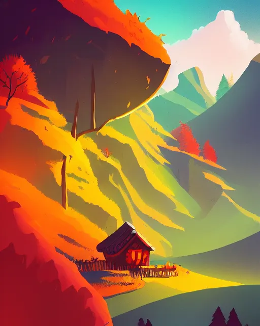 Image similar to autumn hill cabin man illustration by anton fadeev