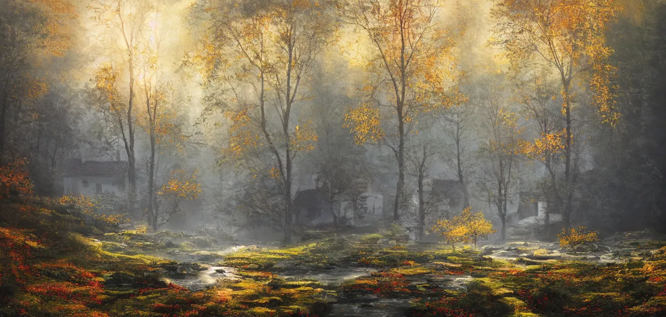 Prompt: a painting of sparse stone cottages underneath a dense tall forest, with pristine reflex from cascading ponds. gorgeous, elegant, sophisticated, an ultrafine painting, intricate brush strokes, bright depth oil colors, photography by araken alcantara. mist diffuse promiseful illumination, autumn sunrise warm light, detailed and intricate environment of hopeful bodyscapes