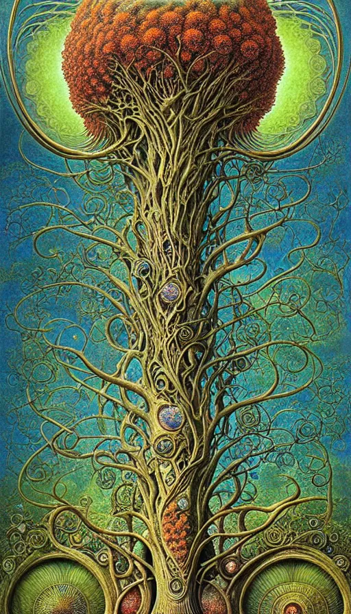 Image similar to tree of life by roger dean and andrew ferez, art forms of nature by ernst haeckel, divine chaos engine, symbolist, visionary, art nouveau, botanical fractal structures, organic, detailed, realistic, surreality