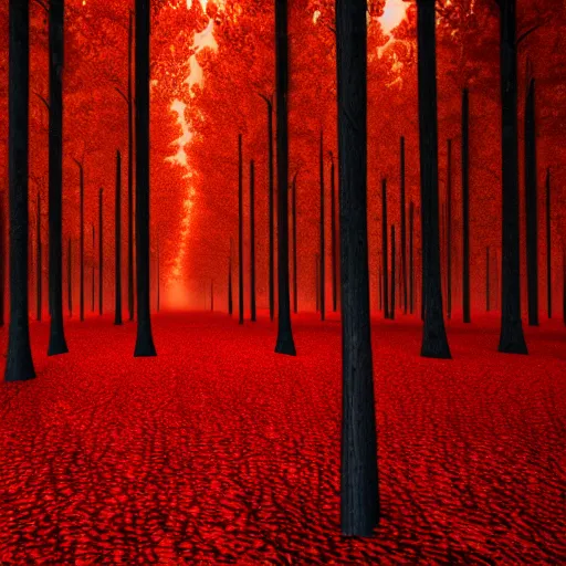 Prompt: red forest that gives off a spooky vibe, surreal, sharp focus, digital art, epic composition, concept art, dynamic lighting, intricate, highly detailed, 8 k, unreal engine, blender render