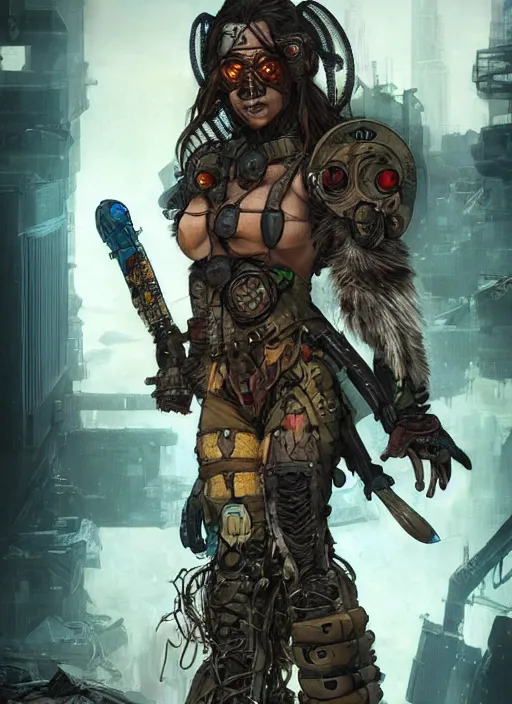 Image similar to hyper realistic photography portrait of postapocalyptic cyberpunk asian cyborg tribal warrior amazon cinematic, brom, mucha, moebius juan gimenez artstation, cgsociety