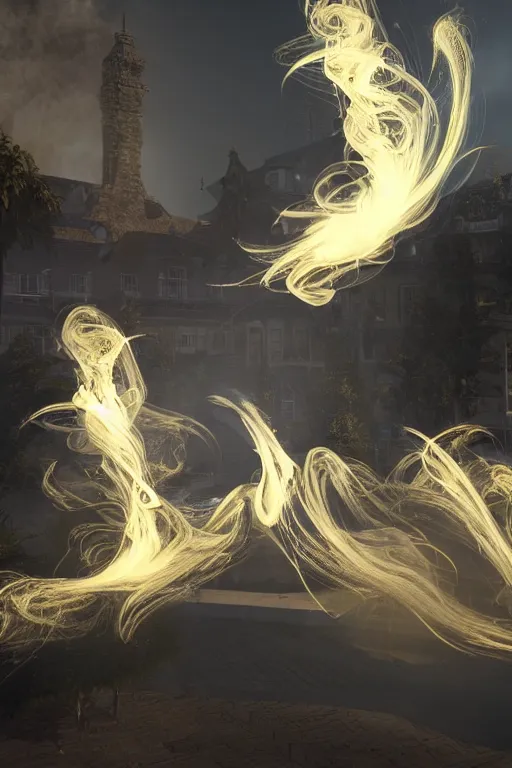 Image similar to swirling light streaks and ornate flowing smoke streams and smooth particle effects, fume fx, unreal engine