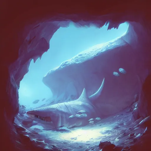 Prompt: Megalodon in a blue cave , by Greg Rutkowski 8k photorealistic, cinematic lighting, HD, high details, dramatic, atmospheric , trending on artstation