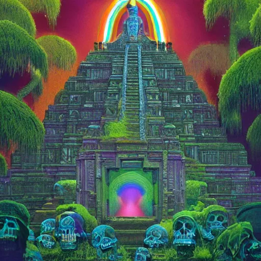 Image similar to overgrown jain temple of death with glowing mayan rainbow skulls, by michael whelan and moebius and beeple and kilian eng and dan mcpharlin and pascal blanche and jamie hewlett and richard dadd, symmetrical, magical stormy reflections, smoke on water, disco laser rays, 8 k