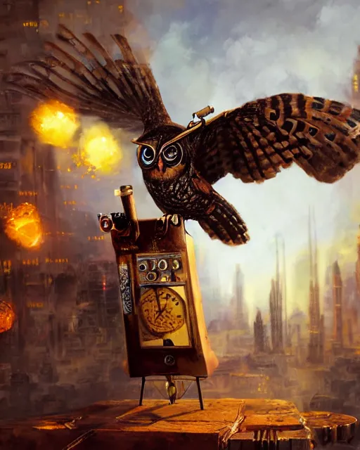 Prompt: oil painting of Anthropomorphized Steampunk Owl shooting steampunk gun, sharp focus, exploding golden steampunk city background, full body, heroic pose, fantasy style, octane render, volumetric lighting, 8k high definition, by greg rutkowski, highly detailed, trending on art Station, magic the gathering artwork, centered, dramatic artwork