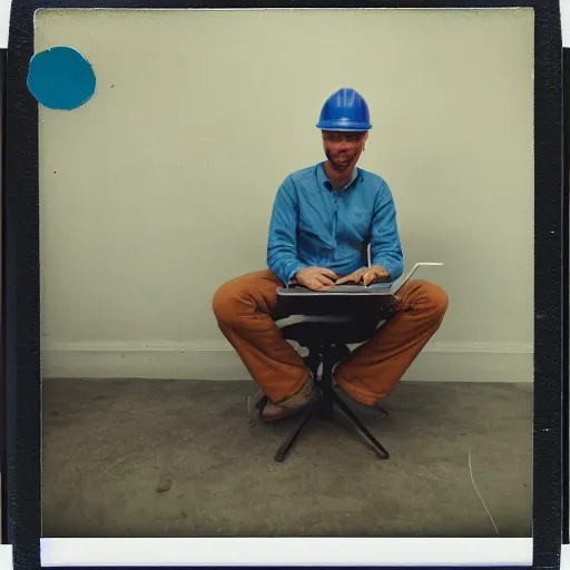 Image similar to a polaroid photo of man using a laptop inside in warehouse, he sitting on chair and small table, he's wearing blue cloth and construction hat, photo from behind, high details, perfect face shape