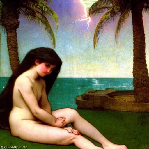 Image similar to Moon girl at the palace, thunderstorm, greek pool, beach and palm trees on the background major arcana sky, by paul delaroche, alphonse mucha and arnold böcklin arnold böcklin hyperrealistic 8k, very detailed