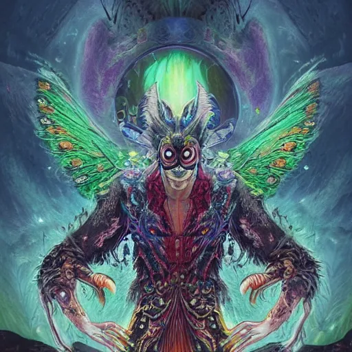 Image similar to 8K Portrait of centered chest up of a psychedelic godlike mothman shaman with moth face and giant mandala wings smoking a hand-rolled cigarette smoking heavily , magic mushroom village in background , post-processing , award winning. superb resolution. in the art style of junji Ito and greg rutkowski . Detailed Mushroom city in background. Hyper realistic anime. Perfect art. Dalle2